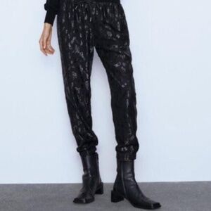 Zara Black Metallic Leopard Joggers Pants